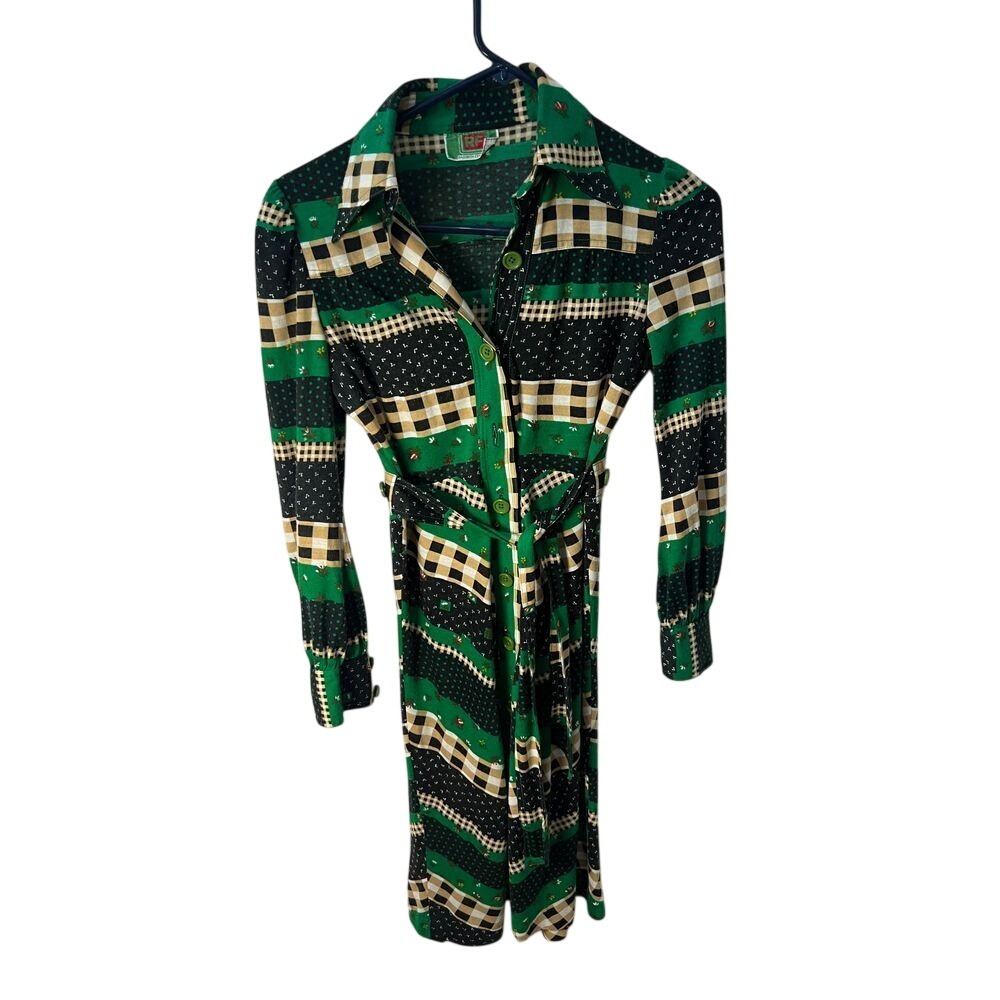 RF Fashion‎ Green Black Plaid Patterned L/S Button Down Vintage Dress 10